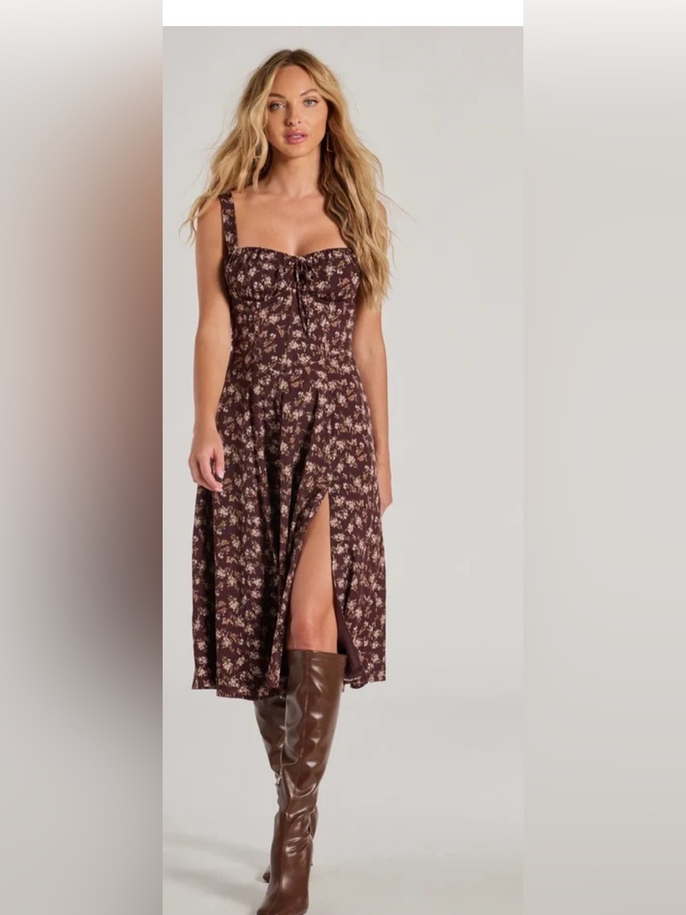 Windsor Brown Floral Tie-Front Midi Dress